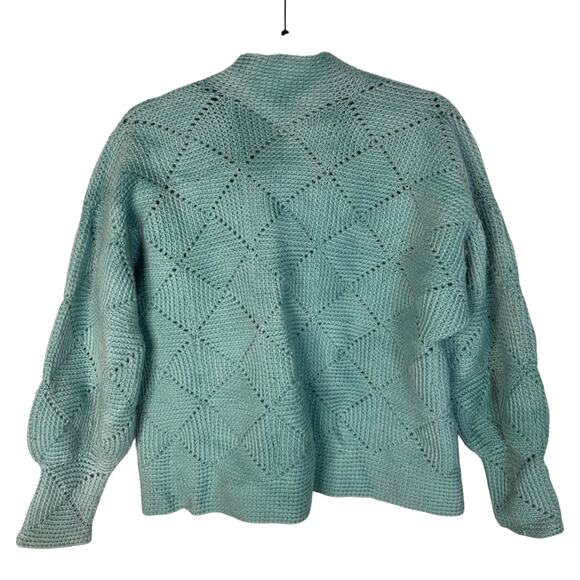 Vintage Womans M Crochet HAND KNIT Cardigan Sweater Cottage Core Sage Green - Picture 3 of 5